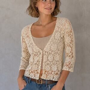 Rabbit Rabbit Rabbit Designs Ivory Floral Crochet Lace Cardigan XL Boho